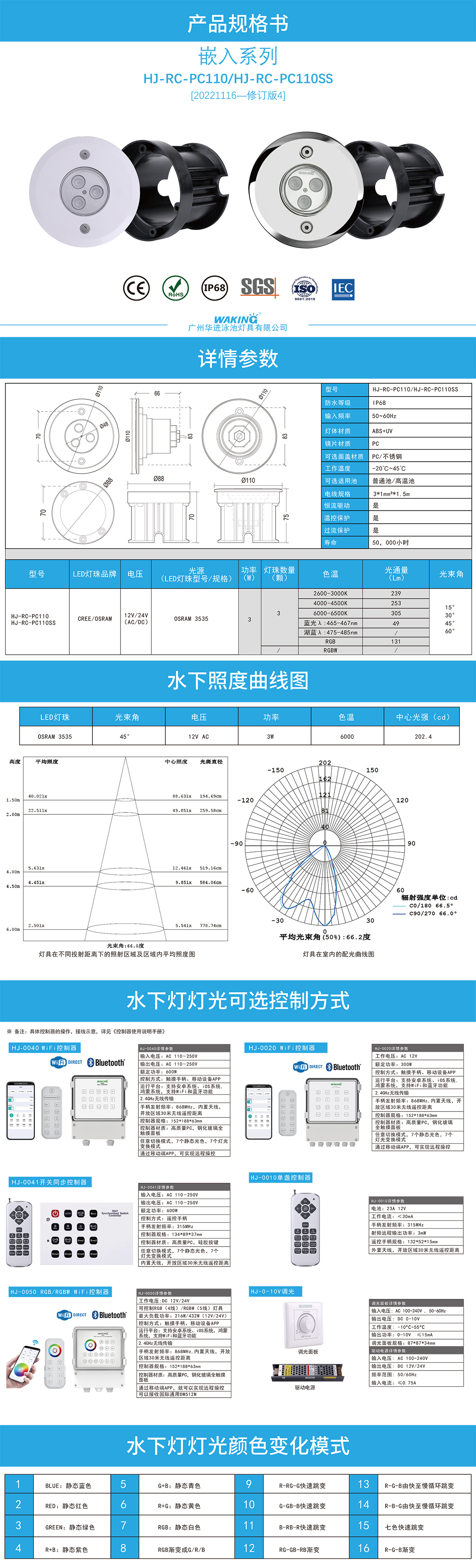 HJ-RC-PC110 自然白水下燈泳池?zé)?2v嵌入防水燈