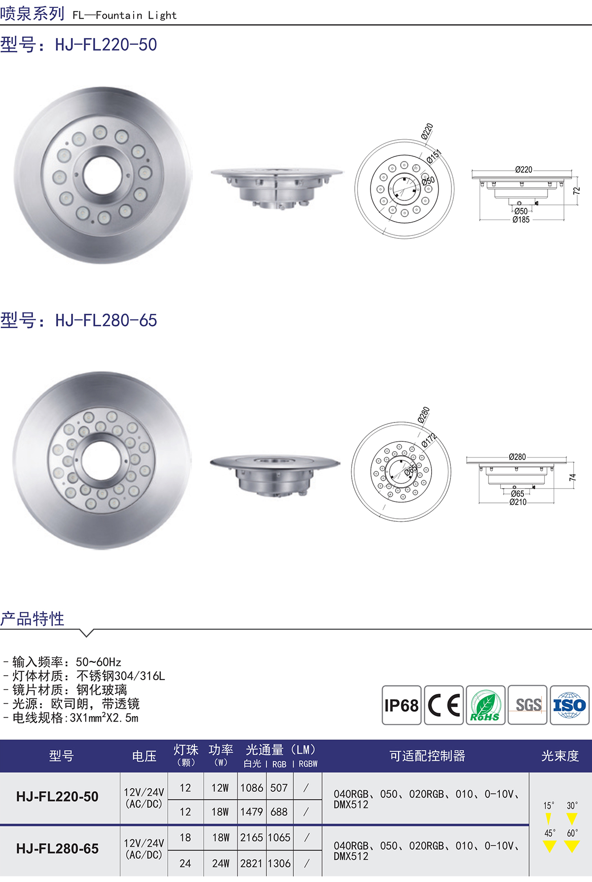 HJ-FL280-65 中空景觀燈RGB七彩水下射燈噴泉燈